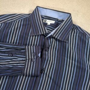 Bachrach Black Blue Striped 100% Cotton Button-Up Shirt Men's XL Casual